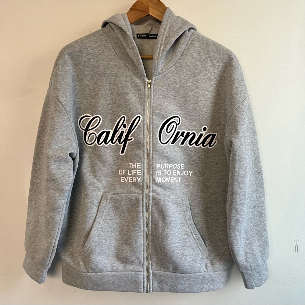 Gray Zip-Up Hoodie with California Print‎